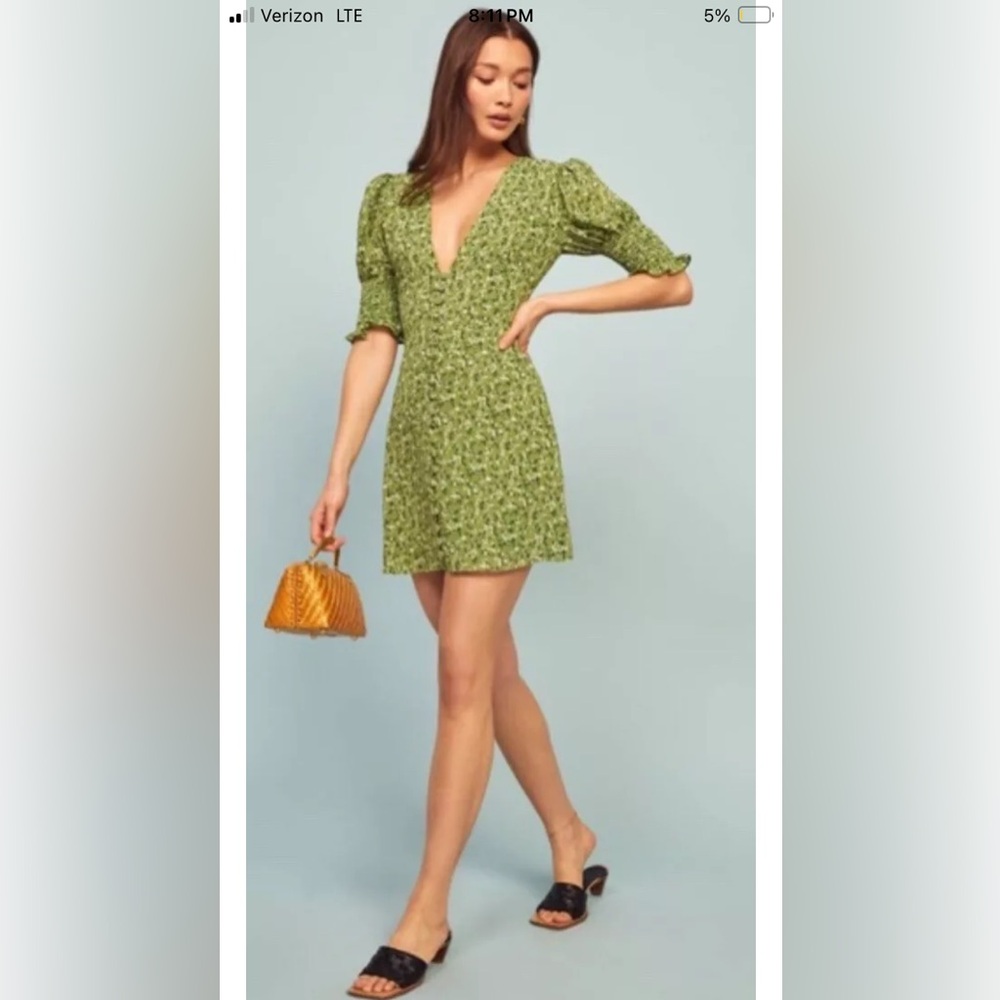 New Reformation Alison mini Dress Button Down Green Floral Puff Sleeve 10 L